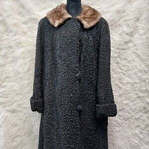 Vintage Malesi Furs Women's Black Luxury Curly Lamb Fur Coat Brown Mink Collar L